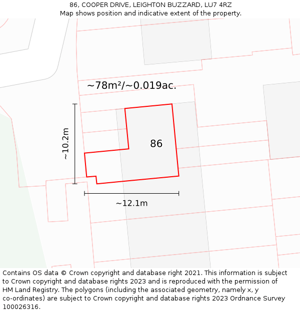 86, COOPER DRIVE, LEIGHTON BUZZARD, LU7 4RZ: Plot and title map