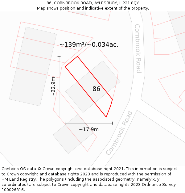 86, CORNBROOK ROAD, AYLESBURY, HP21 8QY: Plot and title map