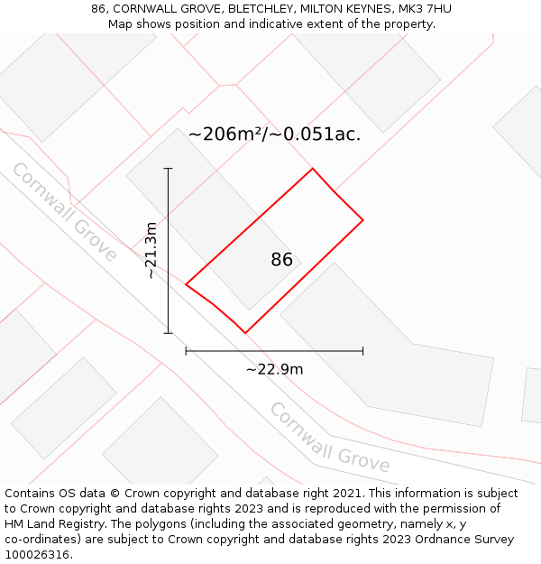 86, CORNWALL GROVE, BLETCHLEY, MILTON KEYNES, MK3 7HU: Plot and title map