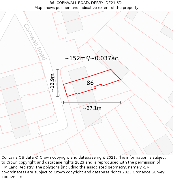 86, CORNWALL ROAD, DERBY, DE21 6DL: Plot and title map