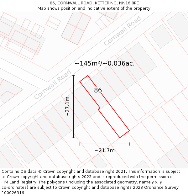 86, CORNWALL ROAD, KETTERING, NN16 8PE: Plot and title map