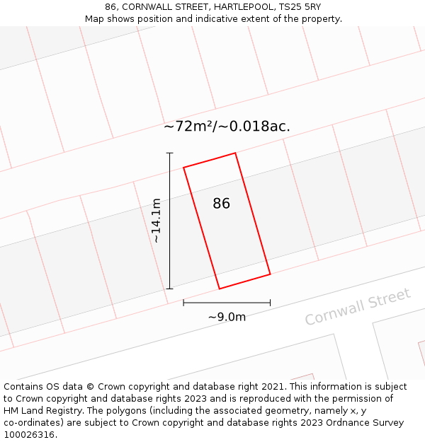 86, CORNWALL STREET, HARTLEPOOL, TS25 5RY: Plot and title map
