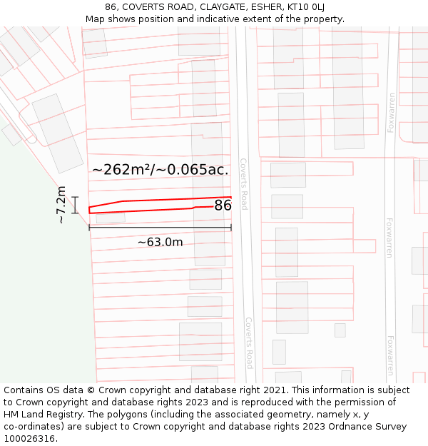 86, COVERTS ROAD, CLAYGATE, ESHER, KT10 0LJ: Plot and title map