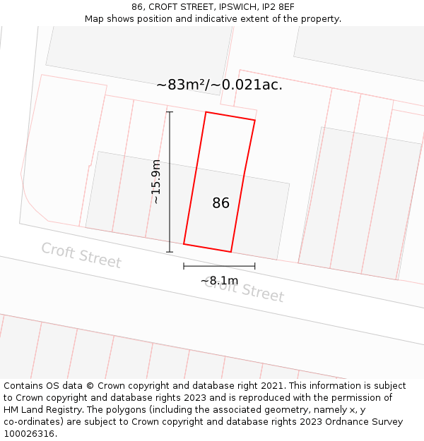 86, CROFT STREET, IPSWICH, IP2 8EF: Plot and title map