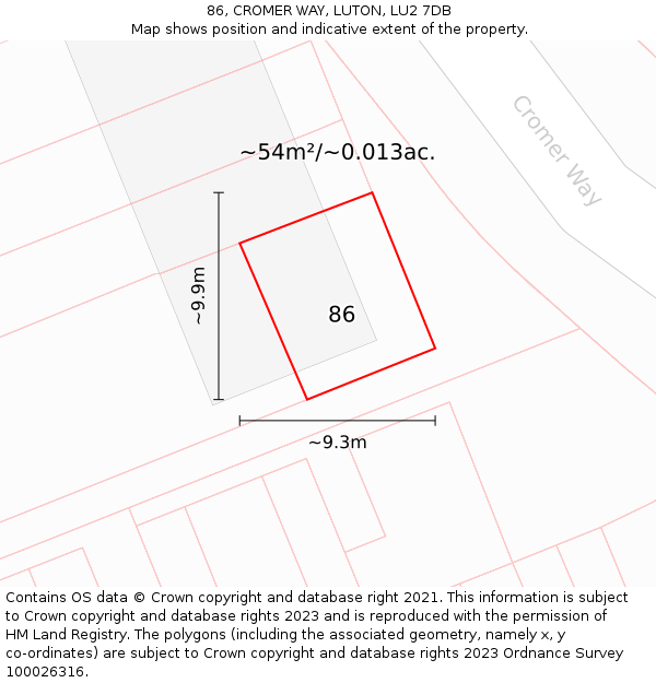 86, CROMER WAY, LUTON, LU2 7DB: Plot and title map