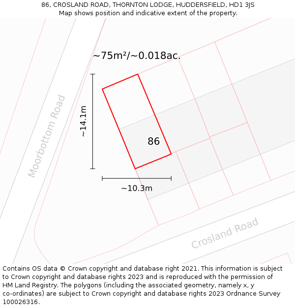 86, CROSLAND ROAD, THORNTON LODGE, HUDDERSFIELD, HD1 3JS: Plot and title map