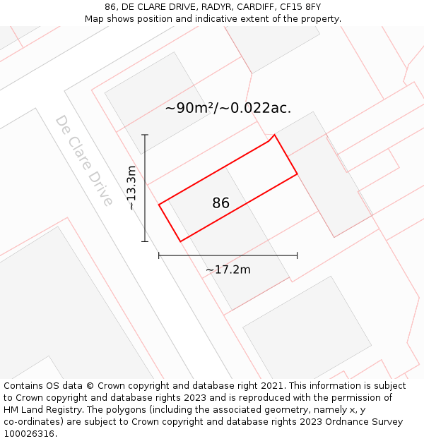 86, DE CLARE DRIVE, RADYR, CARDIFF, CF15 8FY: Plot and title map