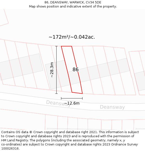 86, DEANSWAY, WARWICK, CV34 5DE: Plot and title map