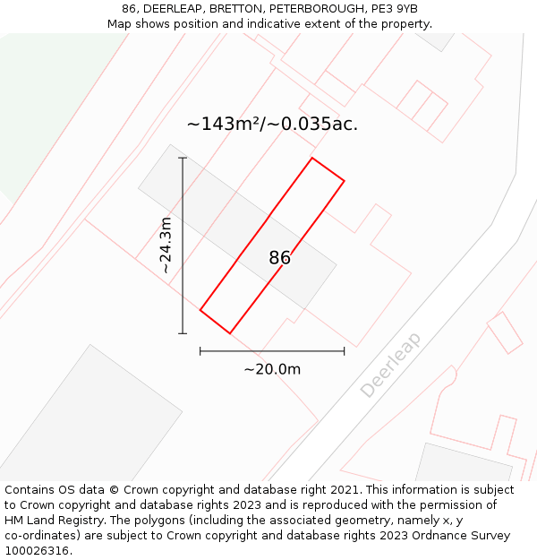 86, DEERLEAP, BRETTON, PETERBOROUGH, PE3 9YB: Plot and title map