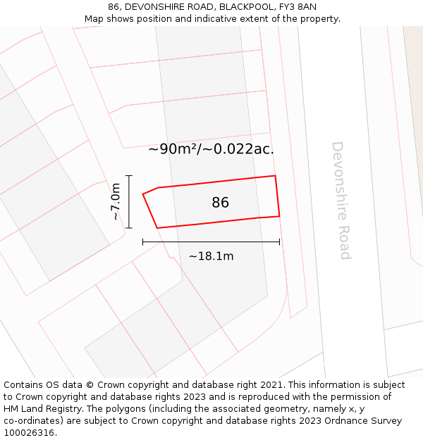 86, DEVONSHIRE ROAD, BLACKPOOL, FY3 8AN: Plot and title map