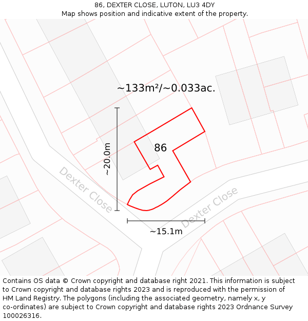 86, DEXTER CLOSE, LUTON, LU3 4DY: Plot and title map