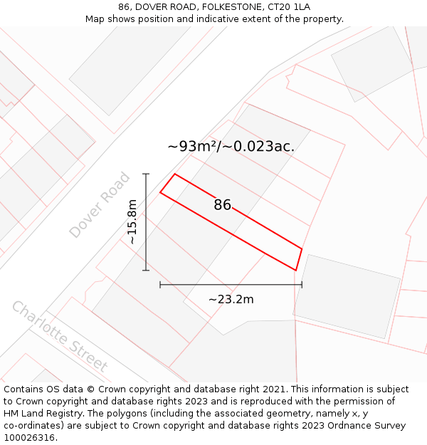 86, DOVER ROAD, FOLKESTONE, CT20 1LA: Plot and title map
