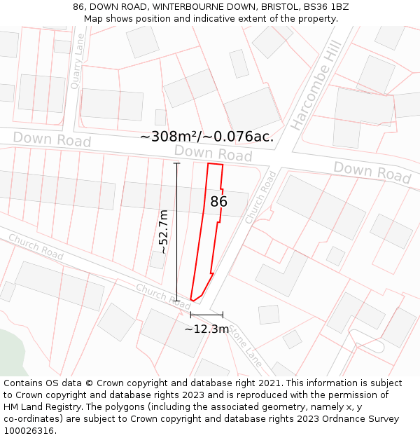 86, DOWN ROAD, WINTERBOURNE DOWN, BRISTOL, BS36 1BZ: Plot and title map