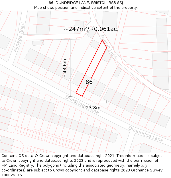 86, DUNDRIDGE LANE, BRISTOL, BS5 8SJ: Plot and title map