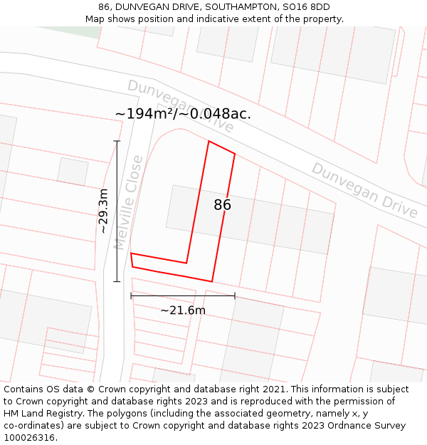 86, DUNVEGAN DRIVE, SOUTHAMPTON, SO16 8DD: Plot and title map