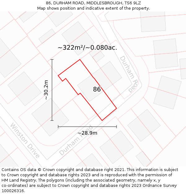 86, DURHAM ROAD, MIDDLESBROUGH, TS6 9LZ: Plot and title map
