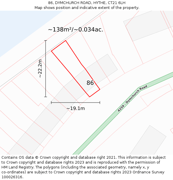 86, DYMCHURCH ROAD, HYTHE, CT21 6LH: Plot and title map