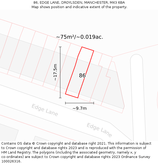 86, EDGE LANE, DROYLSDEN, MANCHESTER, M43 6BA: Plot and title map