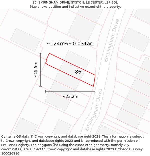86, EMPINGHAM DRIVE, SYSTON, LEICESTER, LE7 2DL: Plot and title map