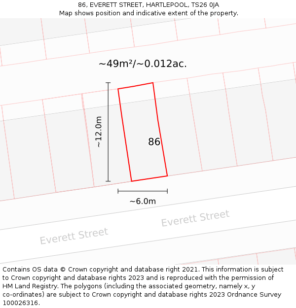 86, EVERETT STREET, HARTLEPOOL, TS26 0JA: Plot and title map