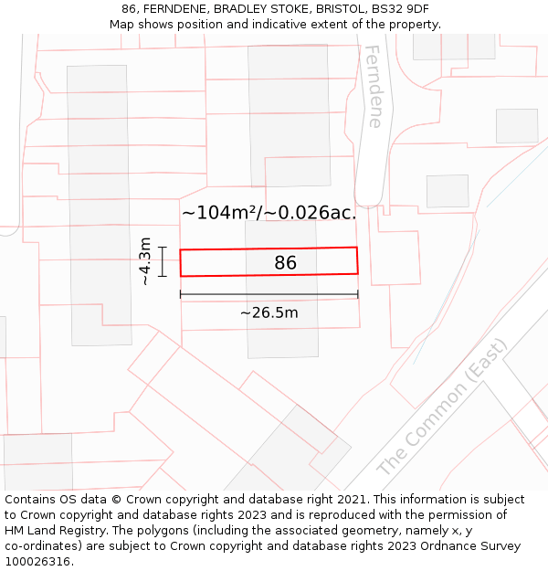 86, FERNDENE, BRADLEY STOKE, BRISTOL, BS32 9DF: Plot and title map