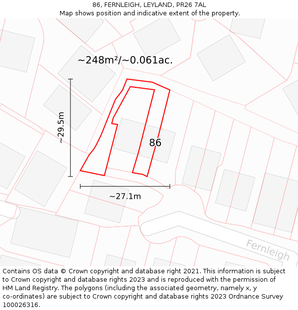 86, FERNLEIGH, LEYLAND, PR26 7AL: Plot and title map