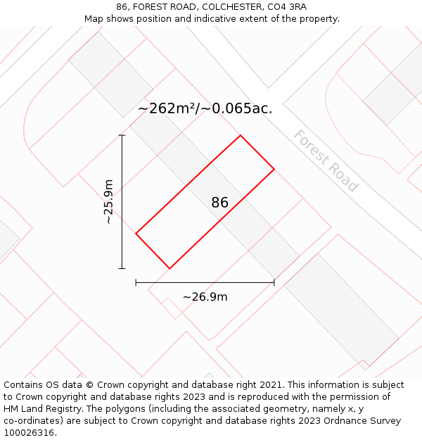 86, FOREST ROAD, COLCHESTER, CO4 3RA: Plot and title map