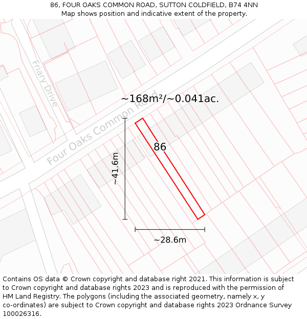 86, FOUR OAKS COMMON ROAD, SUTTON COLDFIELD, B74 4NN: Plot and title map