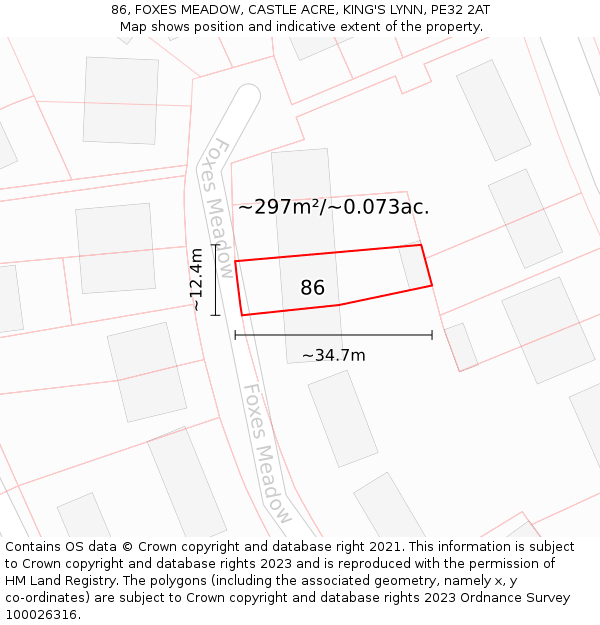 86, FOXES MEADOW, CASTLE ACRE, KING'S LYNN, PE32 2AT: Plot and title map