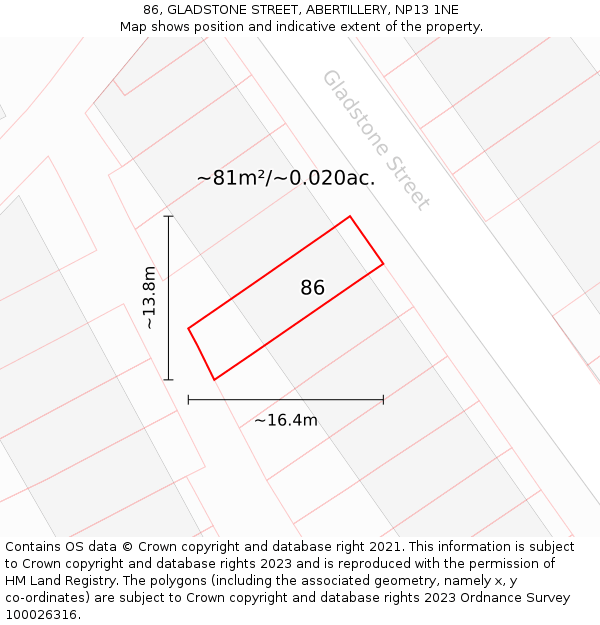 86, GLADSTONE STREET, ABERTILLERY, NP13 1NE: Plot and title map