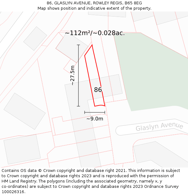 86, GLASLYN AVENUE, ROWLEY REGIS, B65 8EG: Plot and title map