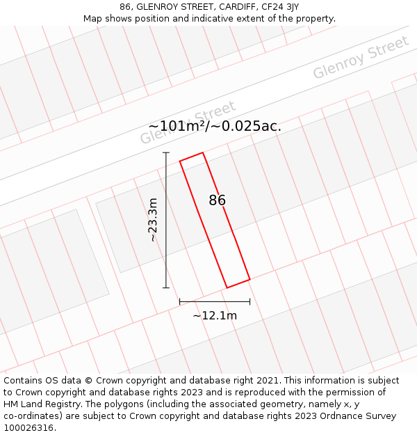 86, GLENROY STREET, CARDIFF, CF24 3JY: Plot and title map