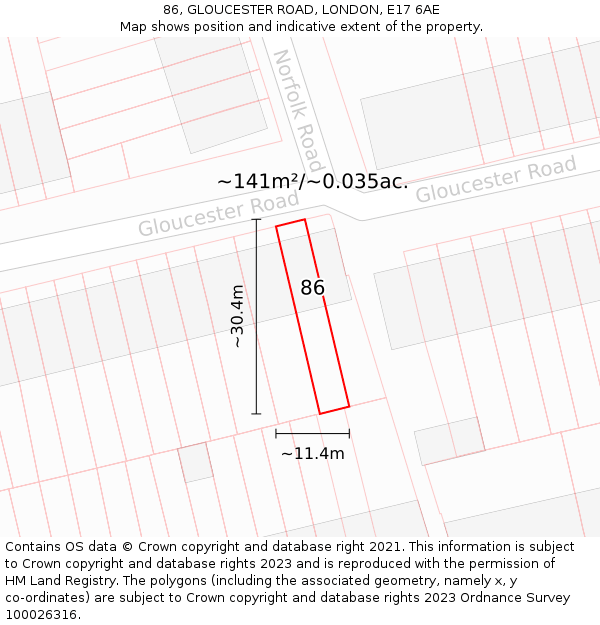86, GLOUCESTER ROAD, LONDON, E17 6AE: Plot and title map