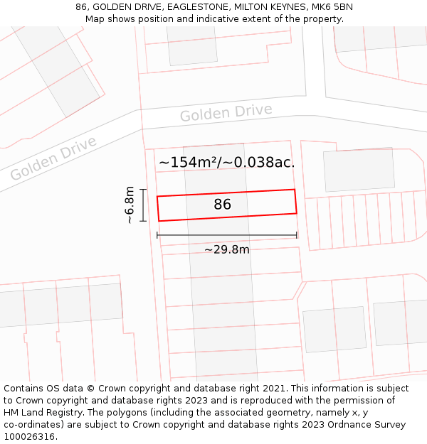 86, GOLDEN DRIVE, EAGLESTONE, MILTON KEYNES, MK6 5BN: Plot and title map