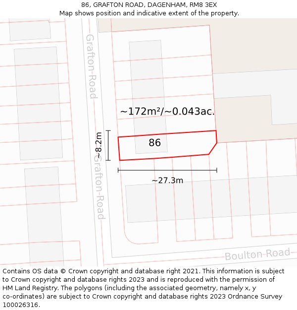 86, GRAFTON ROAD, DAGENHAM, RM8 3EX: Plot and title map
