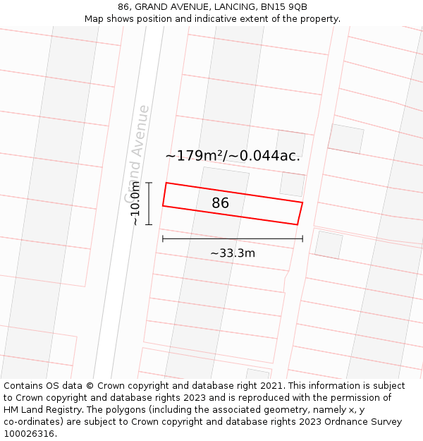 86, GRAND AVENUE, LANCING, BN15 9QB: Plot and title map