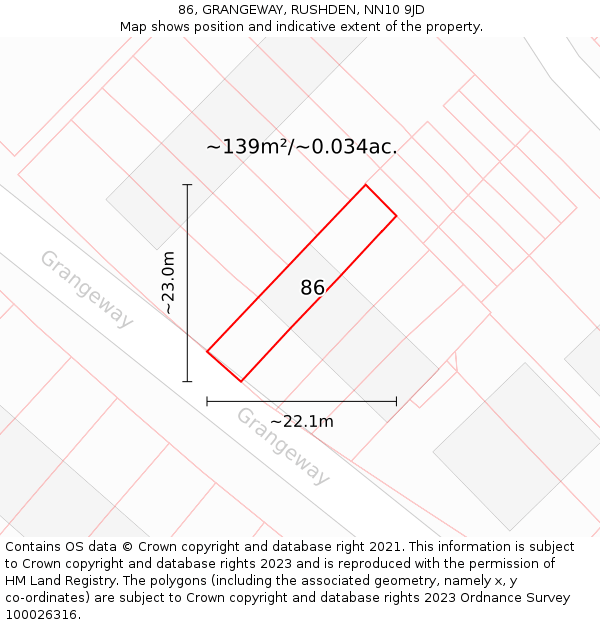 86, GRANGEWAY, RUSHDEN, NN10 9JD: Plot and title map