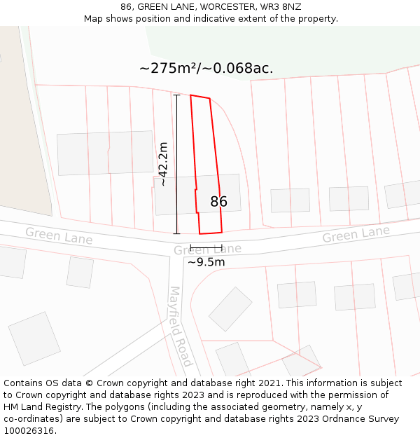 86, GREEN LANE, WORCESTER, WR3 8NZ: Plot and title map