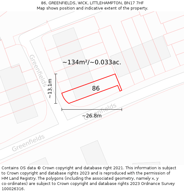 86, GREENFIELDS, WICK, LITTLEHAMPTON, BN17 7HF: Plot and title map