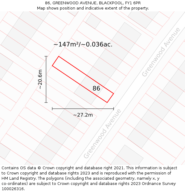 86, GREENWOOD AVENUE, BLACKPOOL, FY1 6PR: Plot and title map