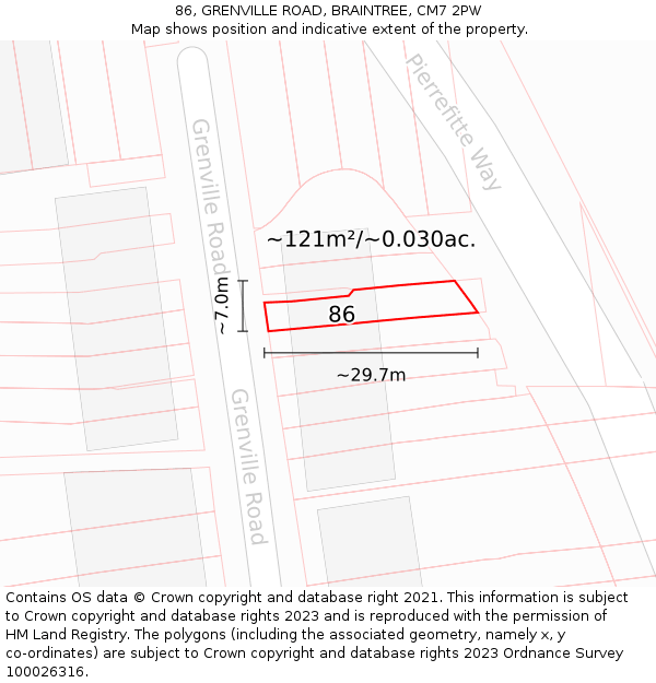 86, GRENVILLE ROAD, BRAINTREE, CM7 2PW: Plot and title map