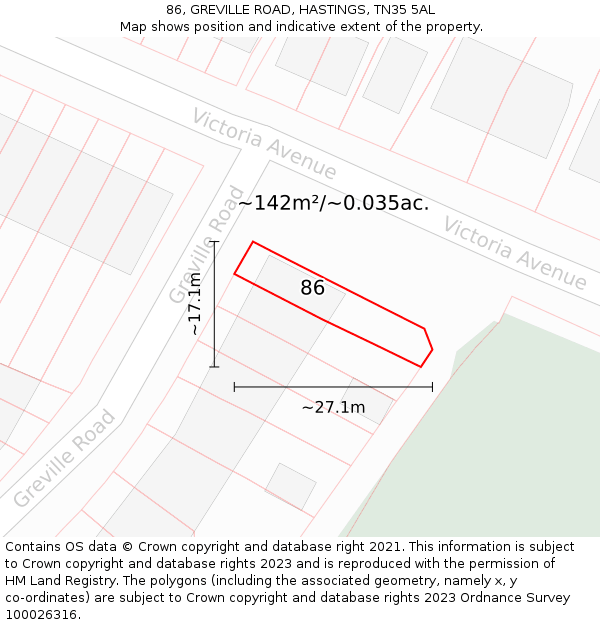 86, GREVILLE ROAD, HASTINGS, TN35 5AL: Plot and title map
