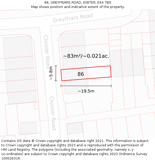 86, GREYFRIARS ROAD, EXETER, EX4 7BS: Plot and title map