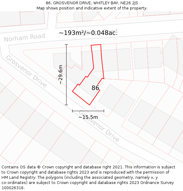 86, GROSVENOR DRIVE, WHITLEY BAY, NE26 2JS: Plot and title map