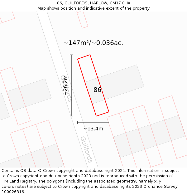 86, GUILFORDS, HARLOW, CM17 0HX: Plot and title map