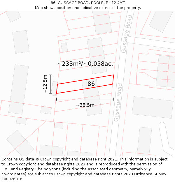86, GUSSAGE ROAD, POOLE, BH12 4AZ: Plot and title map