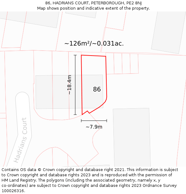 86, HADRIANS COURT, PETERBOROUGH, PE2 8NJ: Plot and title map