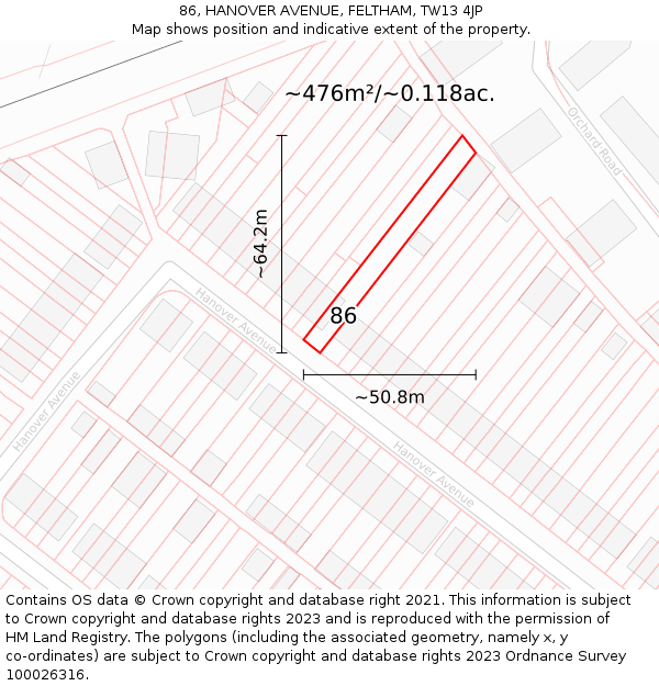86, HANOVER AVENUE, FELTHAM, TW13 4JP: Plot and title map
