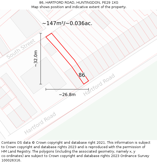 86, HARTFORD ROAD, HUNTINGDON, PE29 1XG: Plot and title map