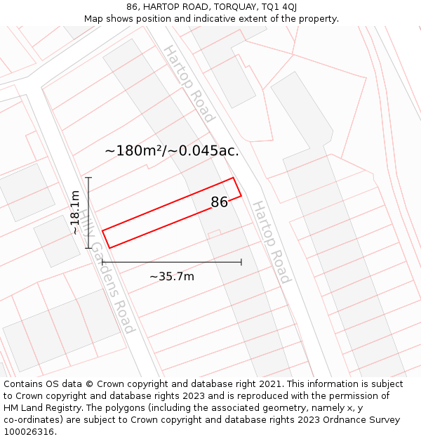 86, HARTOP ROAD, TORQUAY, TQ1 4QJ: Plot and title map